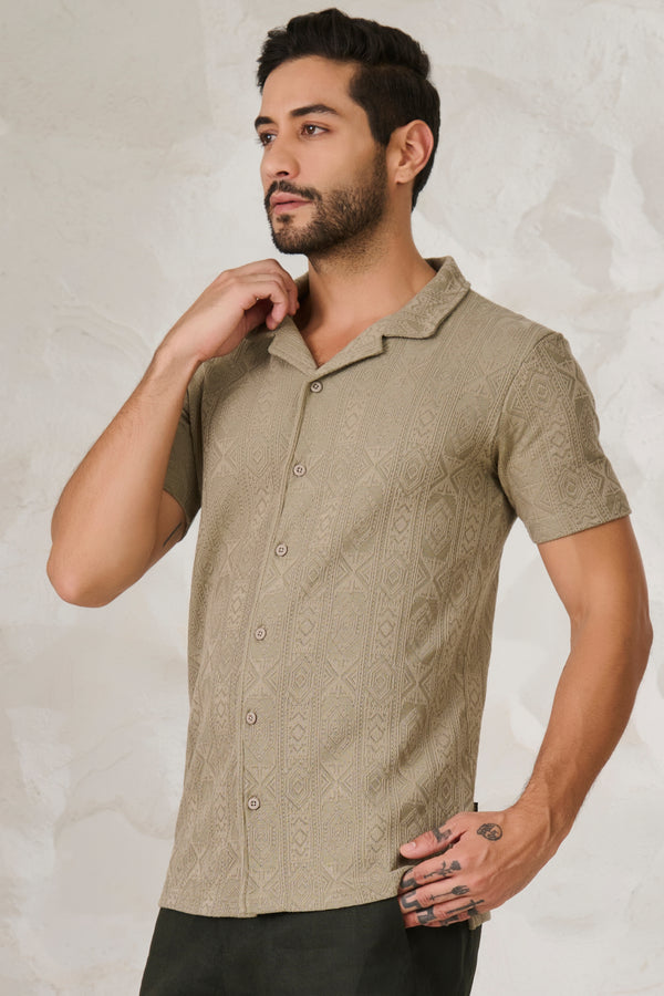 Geometric Textured Stretch Cuban Shirt - Pista
