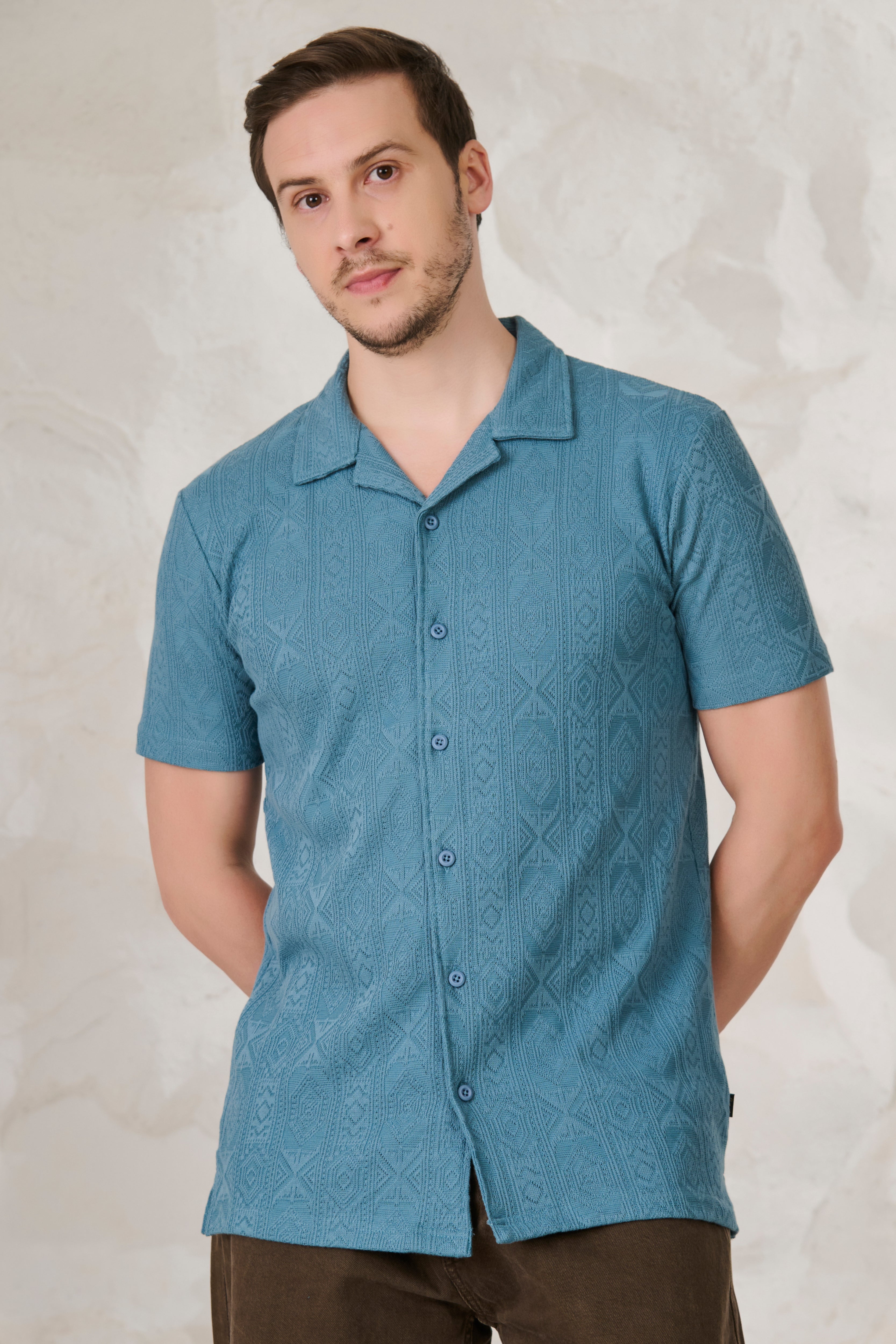 Buy Geometric Textured Stretch Cuban Shirt - Teal Online Shopping view 1