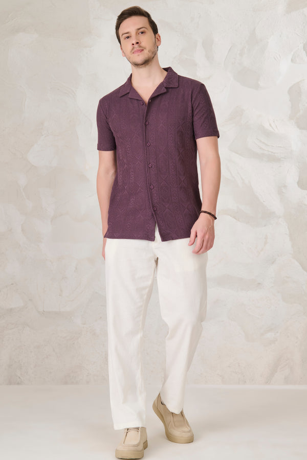 Geometric Textured Stretch Cuban Shirt - Wine