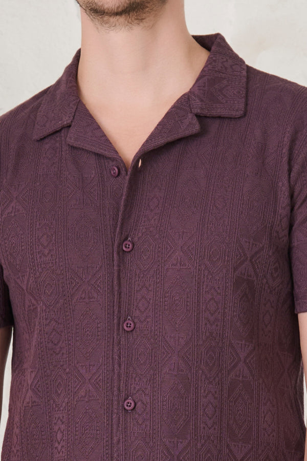Geometric Textured Stretch Cuban Shirt - Wine
