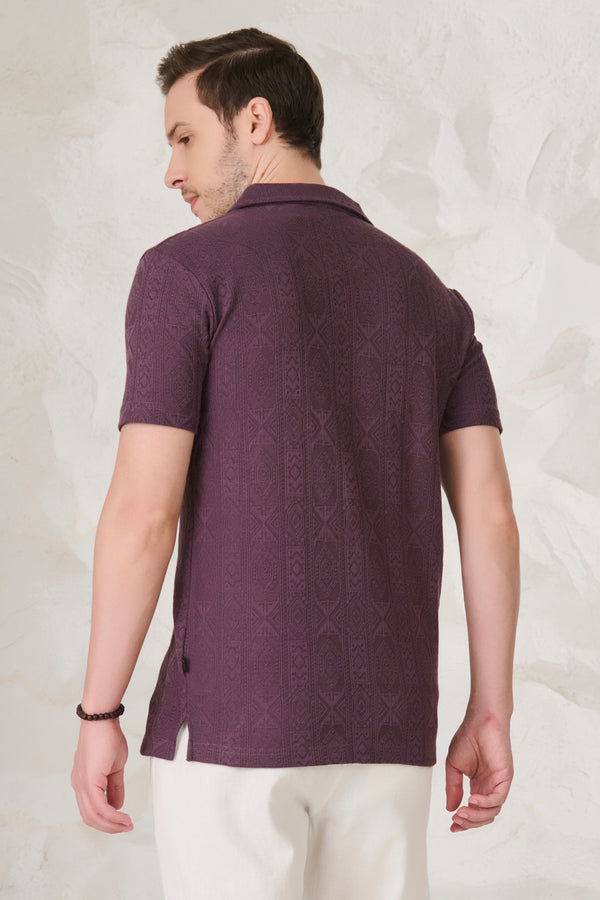 Geometric Textured Stretch Cuban Shirt - Wine
