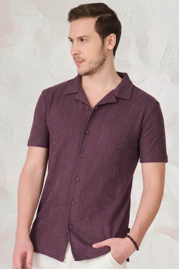 Geometric Textured Stretch Cuban Shirt - Wine