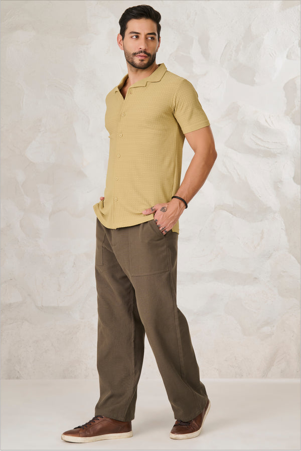 Herringbone Textured Cuban Shirt - Mustard Green