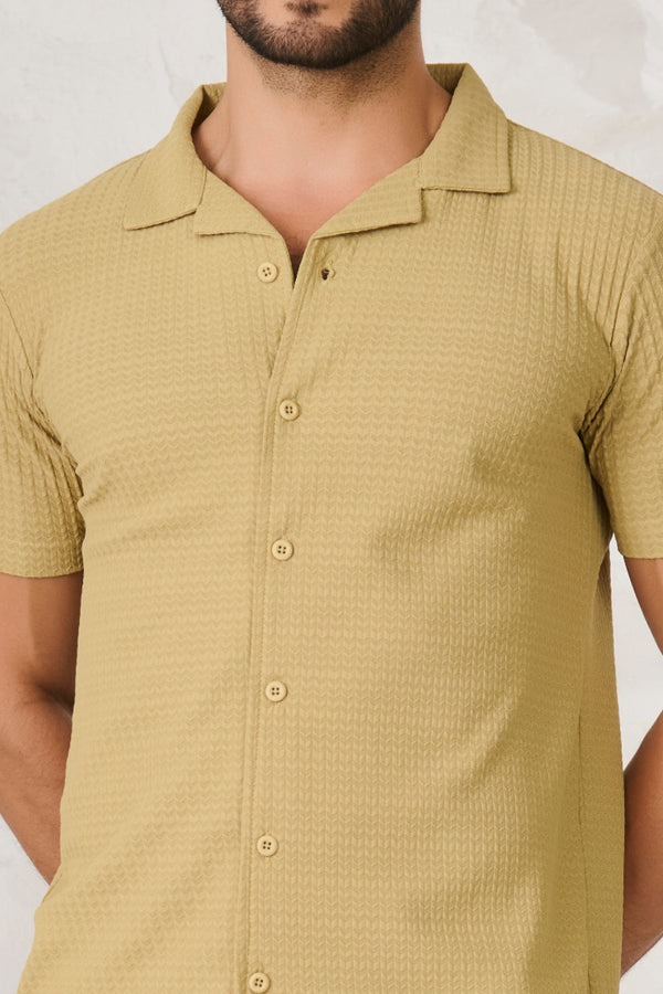 Herringbone Textured Cuban Shirt - Mustard Green