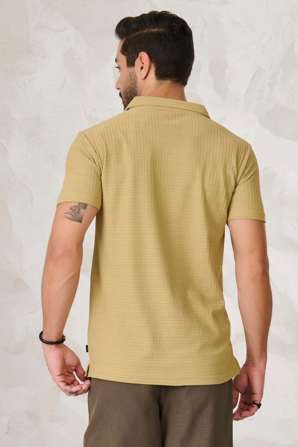 Herringbone Textured Cuban Shirt - Mustard Green