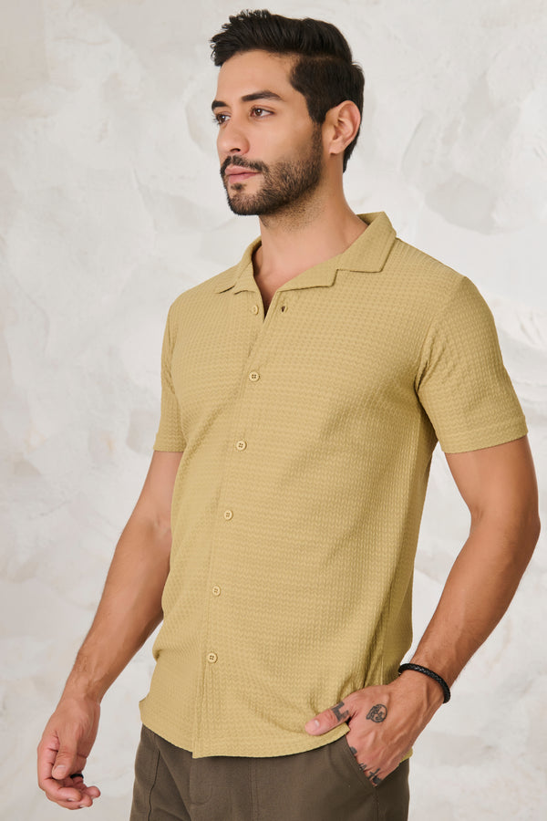 Herringbone Textured Cuban Shirt - Mustard Green