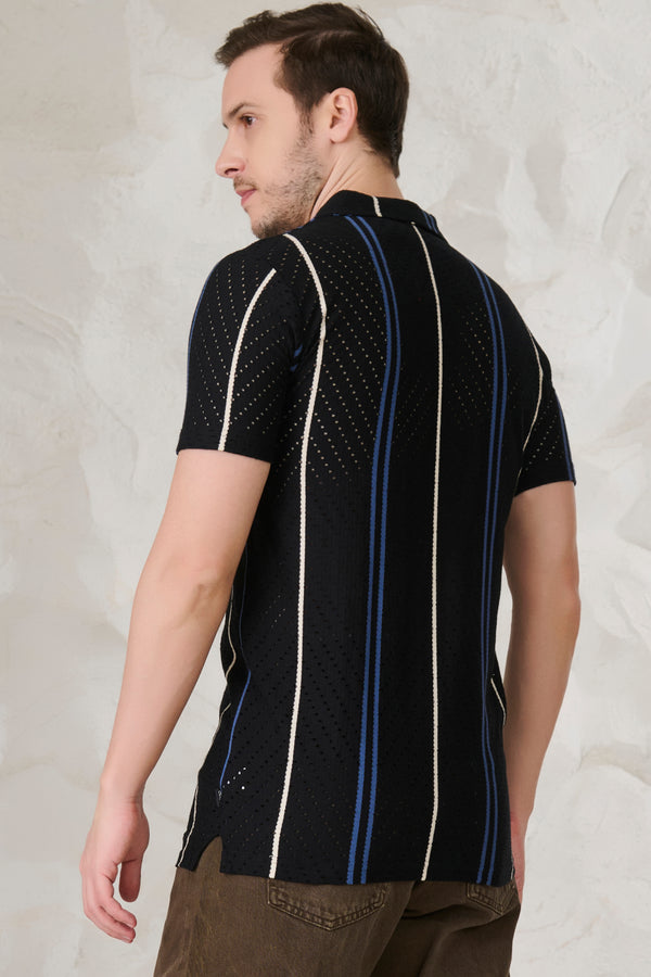 Herringbone Air Vents Cuban Shirt - Black