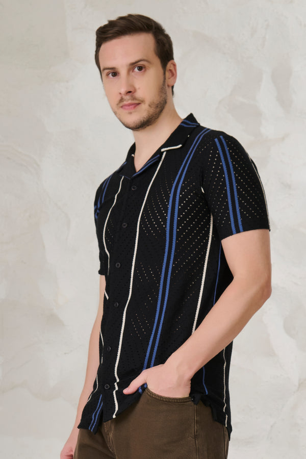 Herringbone Air Vents Cuban Shirt - Black