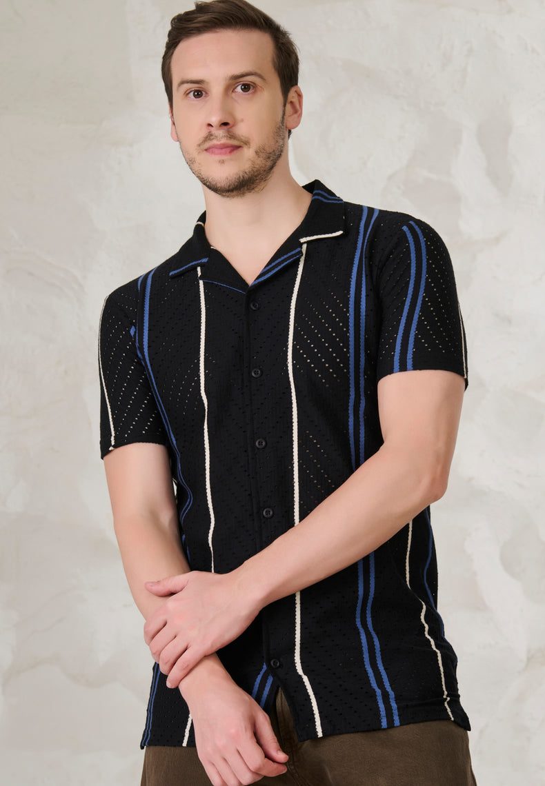 Herringbone Air Vents Cuban Shirt - Black