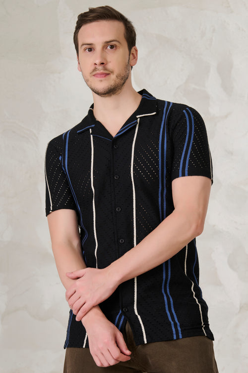 Herringbone Air Vents Cuban Shirt - Black