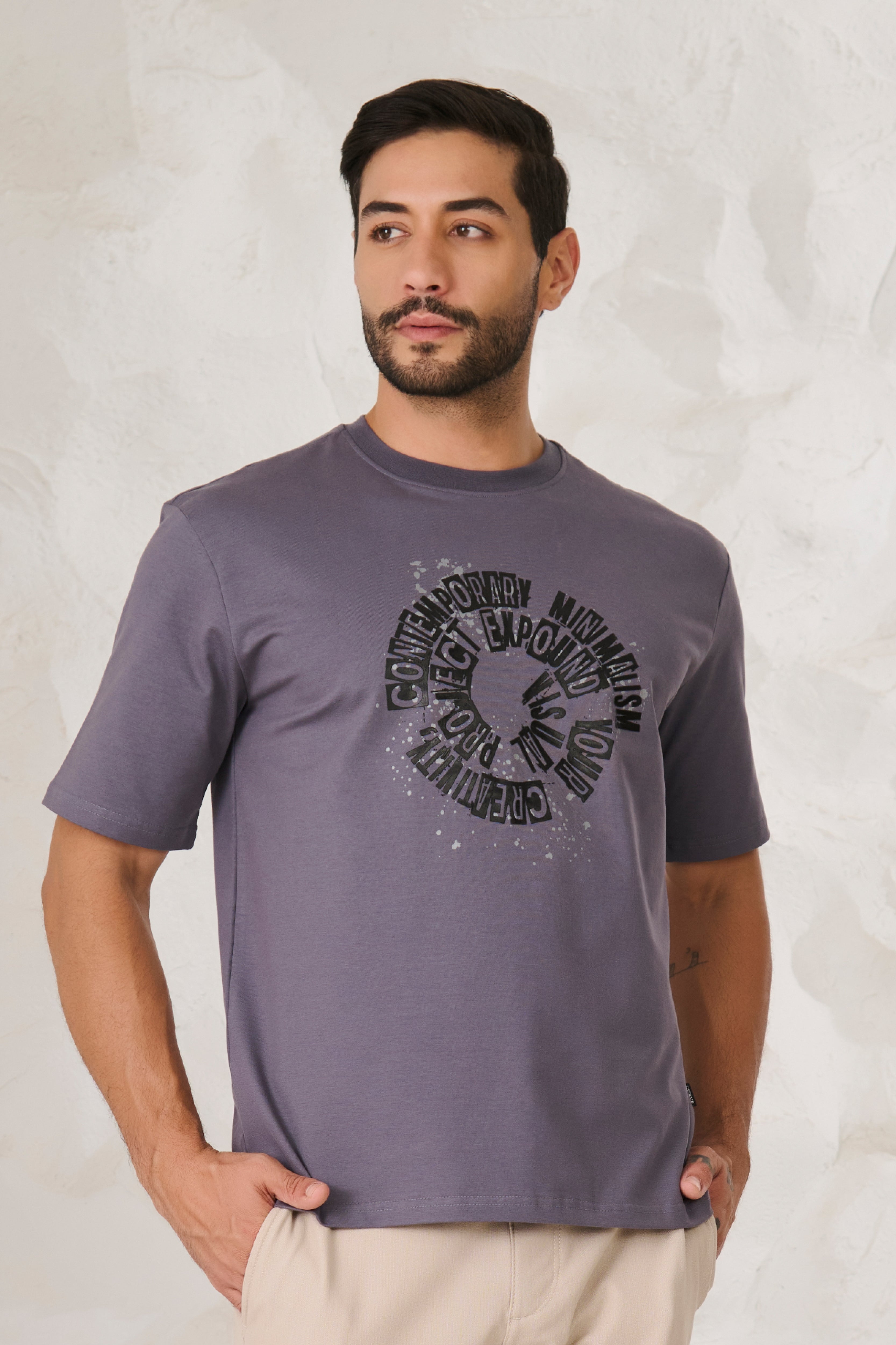 Buy Contemporary Graphic Oversized Stretch T-Shirt - Dark Grey Online Shopping view 1