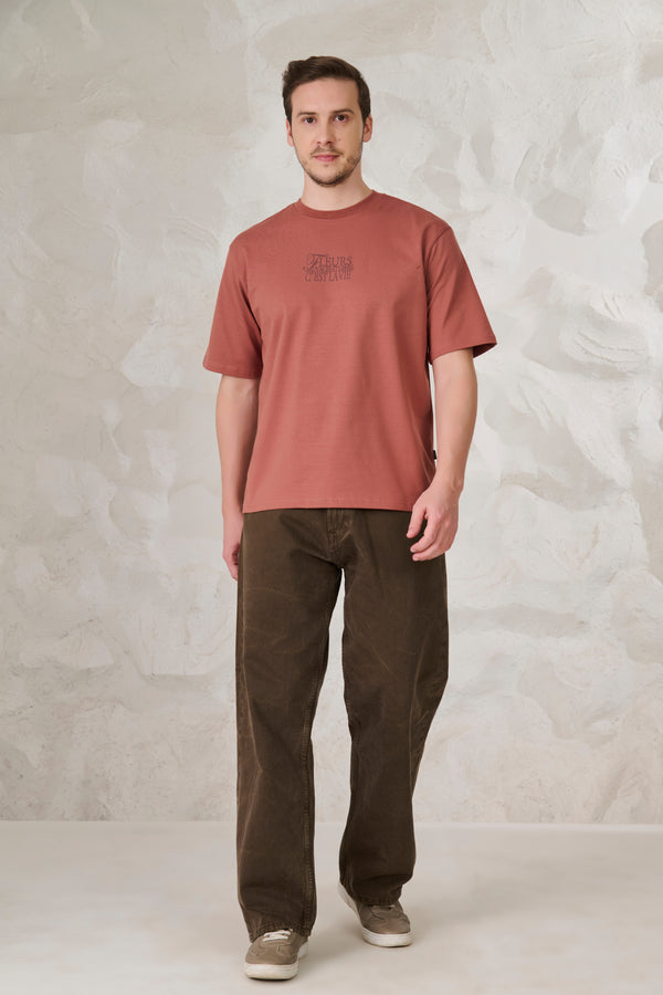 Paris Roses Graphic Oversized Stretch T-Shirt - Rust