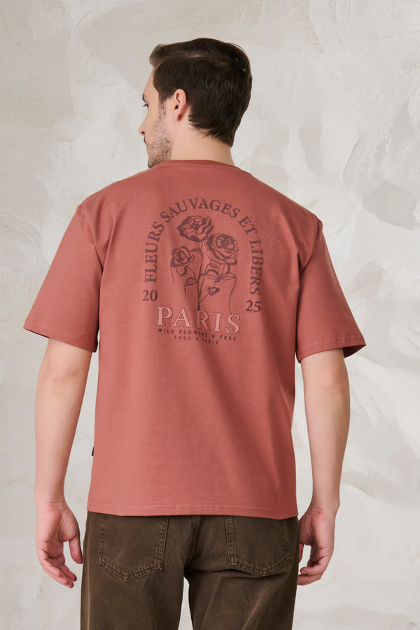 Paris Roses Graphic Oversized Stretch T-Shirt - Rust