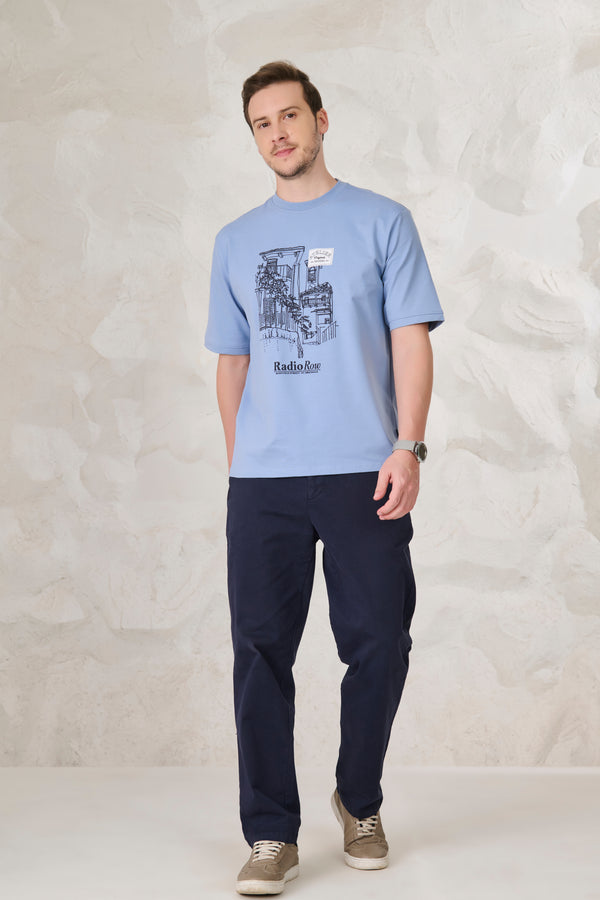 Row Graphic Oversized Stretch T-Shirt - Sky Blue