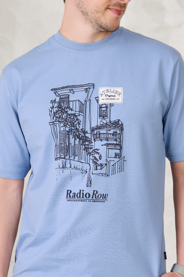 Row Graphic Oversized Stretch T-Shirt - Sky Blue