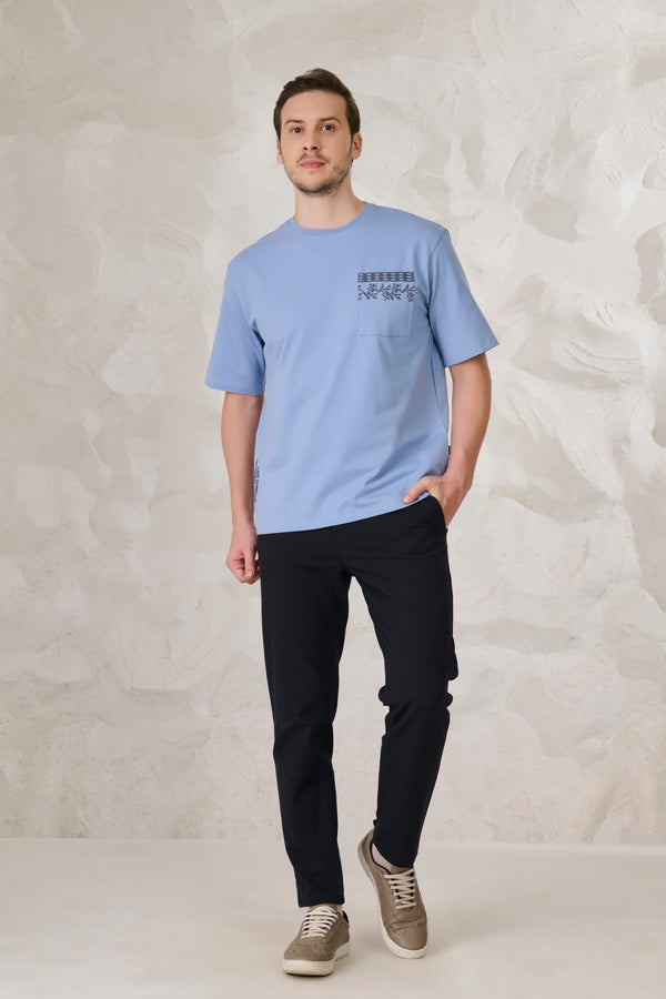 Ornaments Pocket Oversized Stretch T-Shirt - Sky
