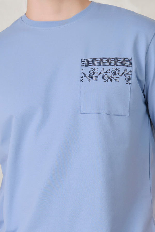 Ornaments Pocket Oversized Stretch T-Shirt - Sky