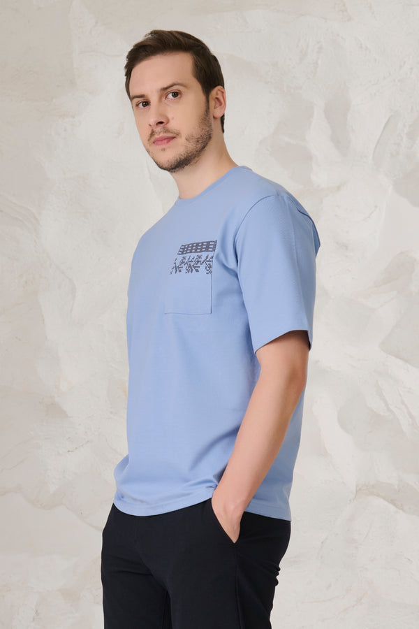 Ornaments Pocket Oversized Stretch T-Shirt - Sky