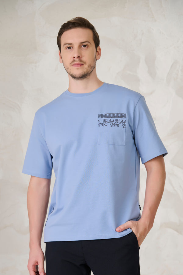 Ornaments Pocket Oversized Stretch T-Shirt - Sky