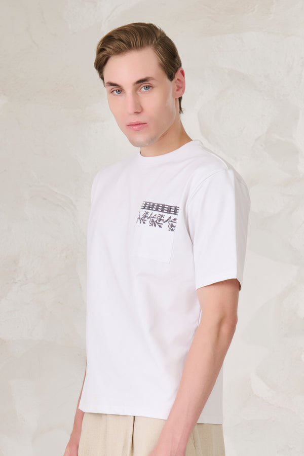 Ornaments Pocket Oversized Stretch T-Shirt - White