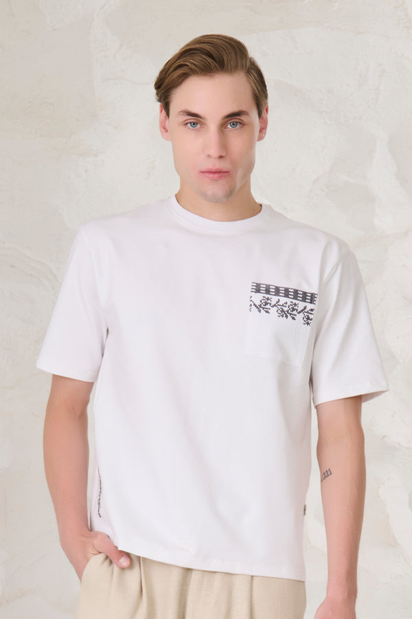 Ornaments Pocket Oversized Stretch T-Shirt - White
