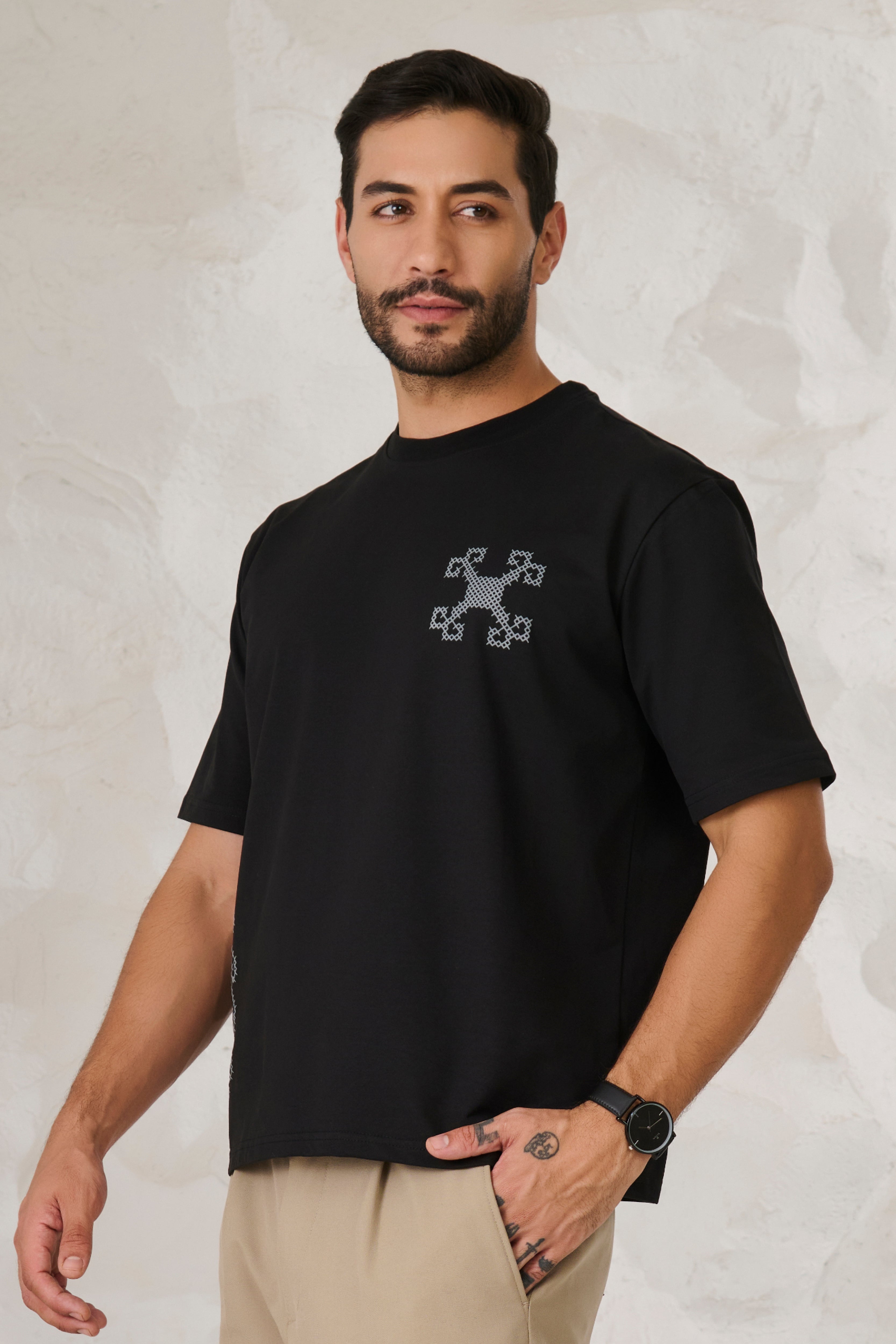 Buy Ornaments Graphic Oversized Stretch T-Shirt	- Black Online Shopping view 2