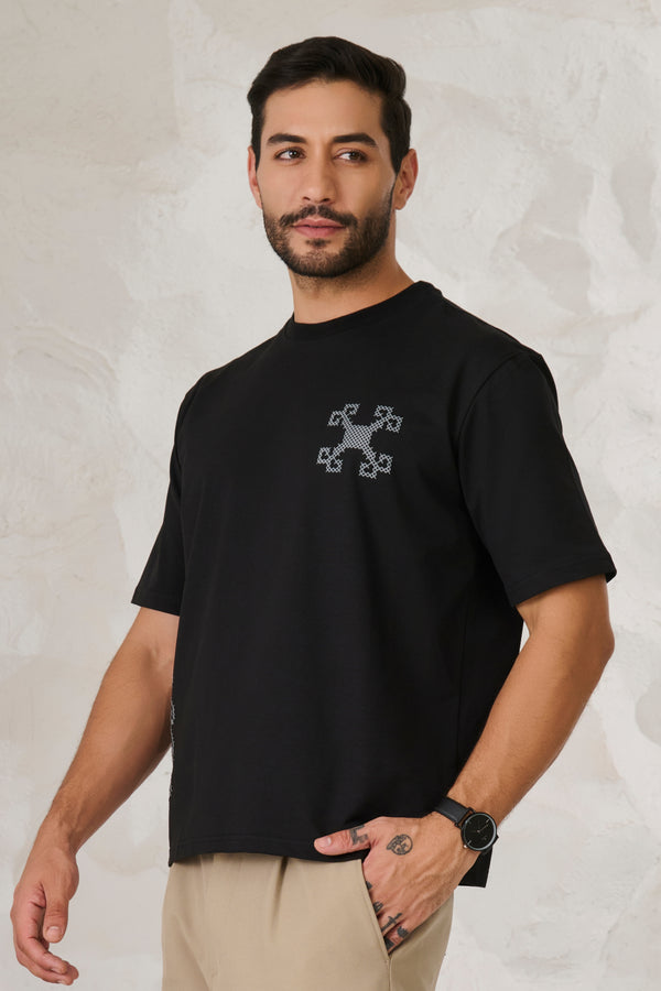 Ornaments Graphic Oversized Stretch T-Shirt	- Black