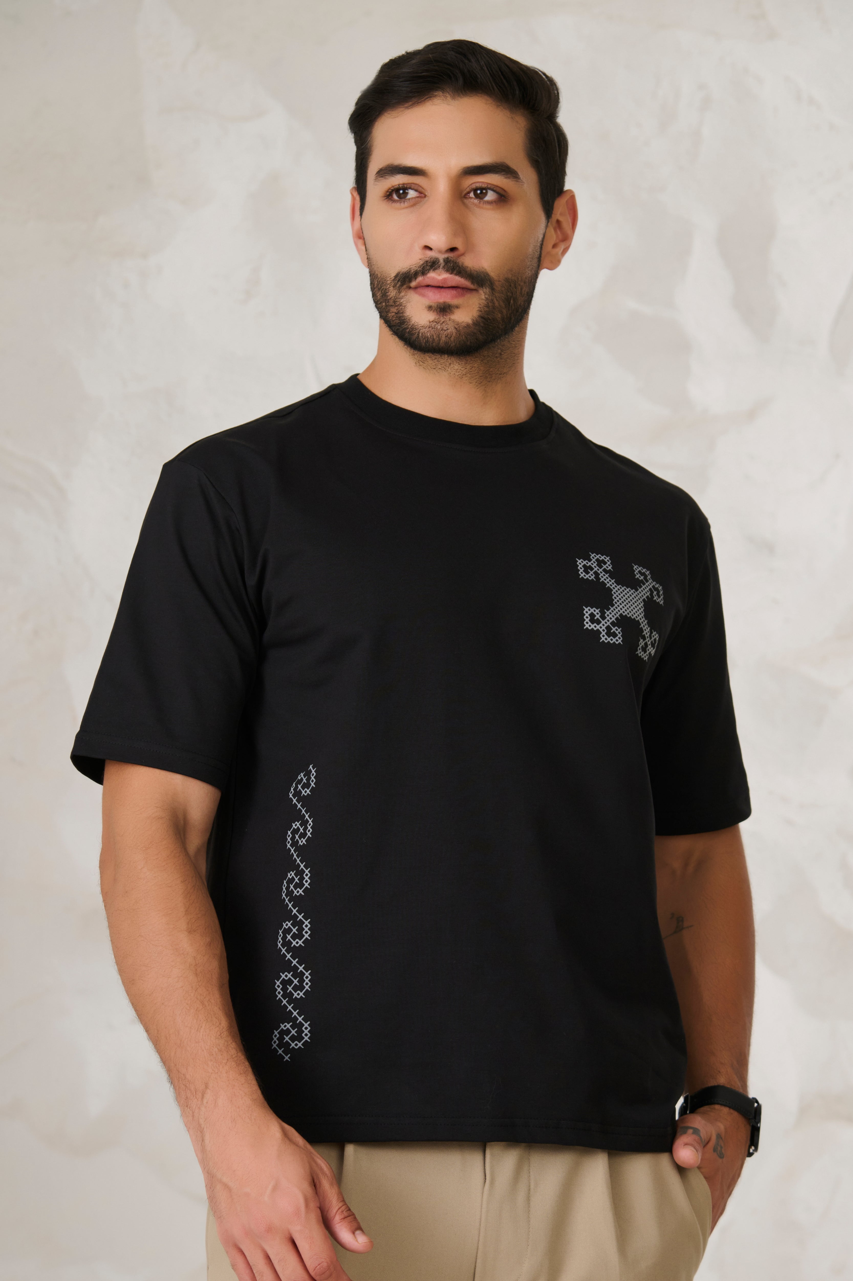 Buy Ornaments Graphic Oversized Stretch T-Shirt	- Black Online Shopping view 1