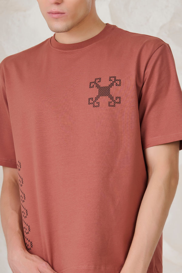 Ornaments Graphic Oversized Stretch T-Shirt	- Rust