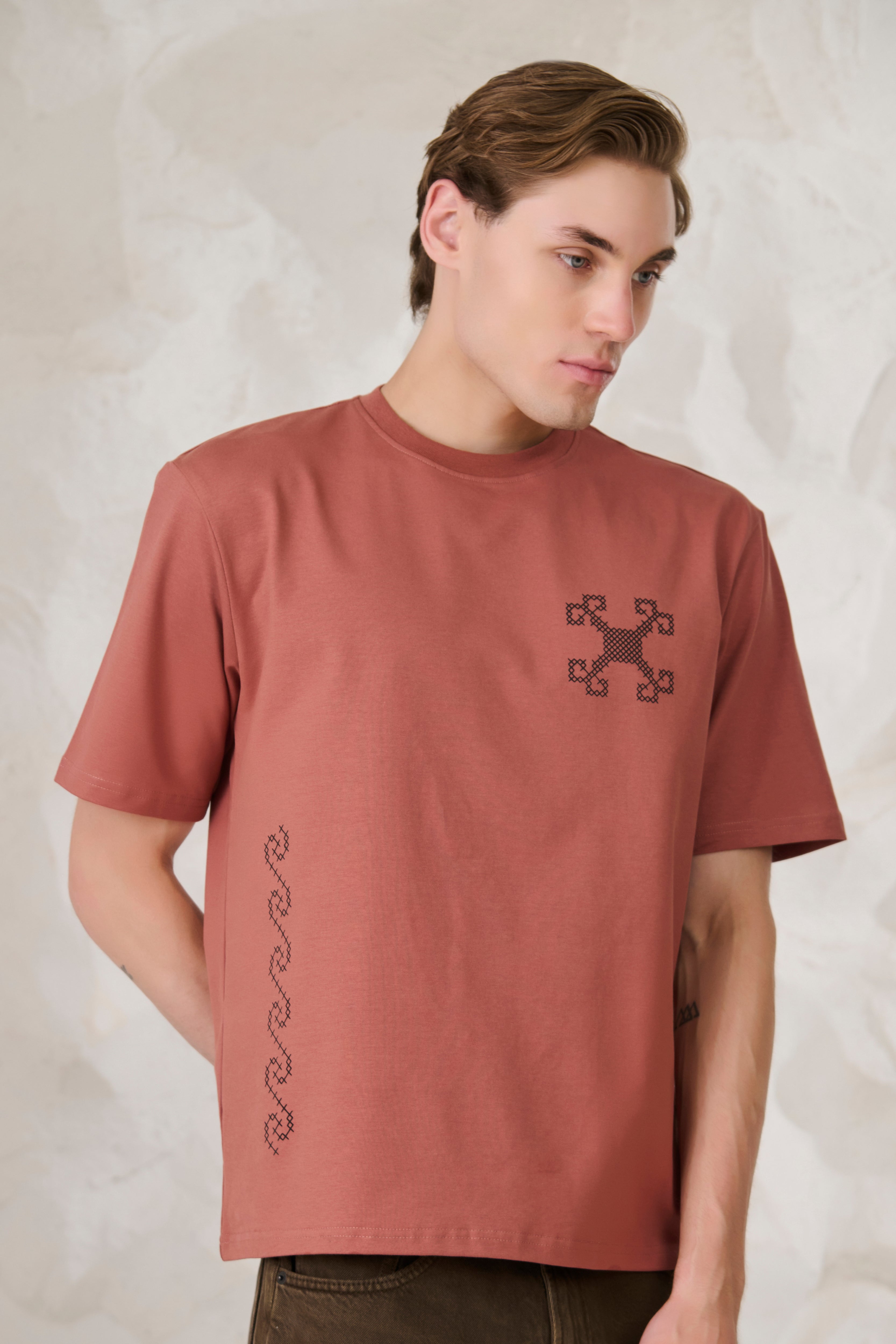Buy Ornaments Graphic Oversized Stretch T-Shirt	- Rust Online Shopping view 2