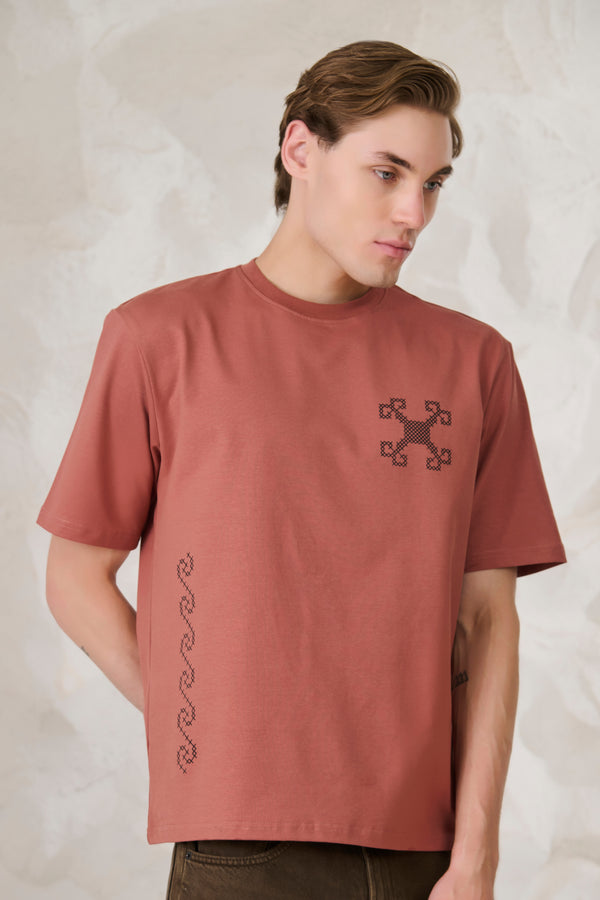 Ornaments Graphic Oversized Stretch T-Shirt	- Rust