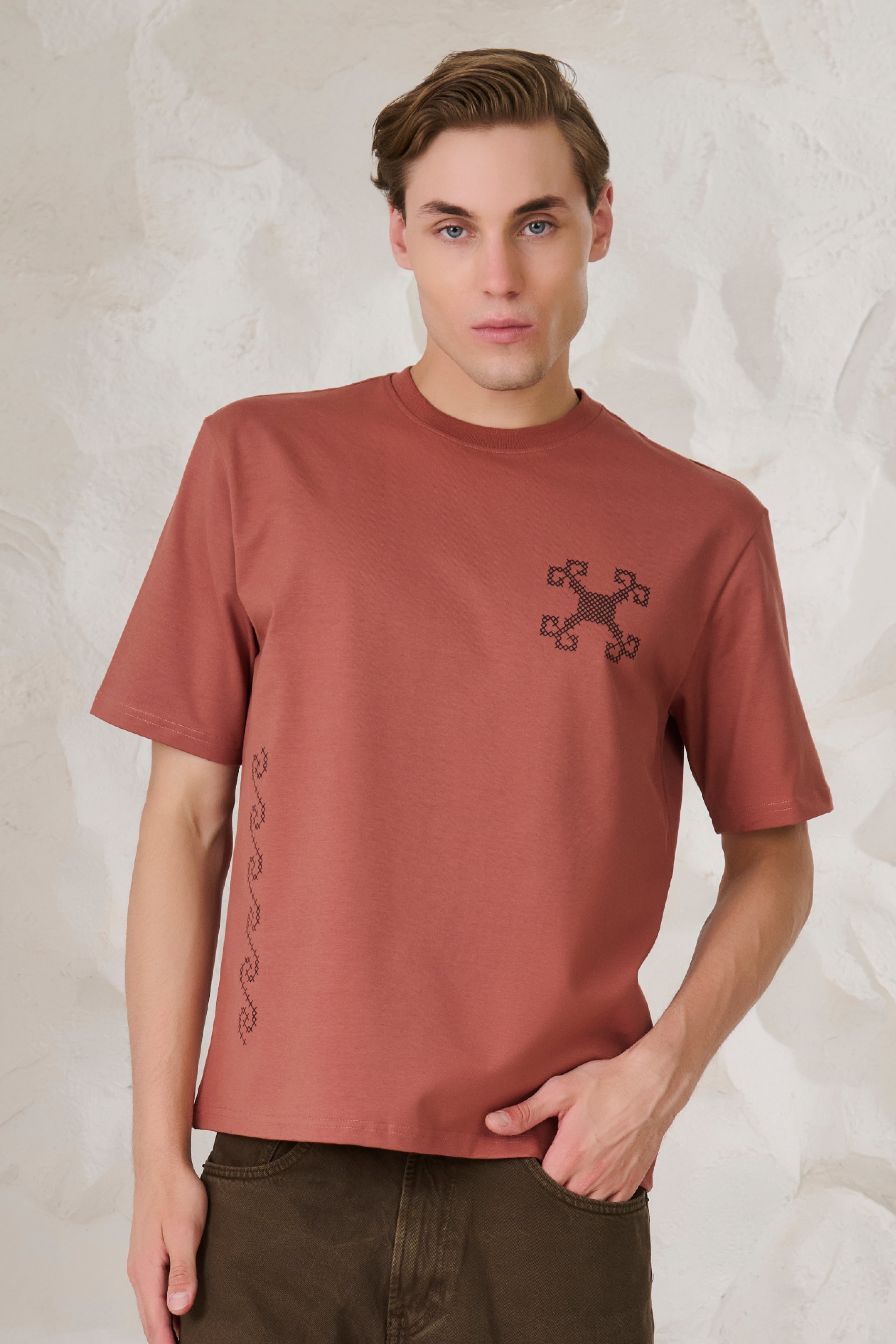 Buy Ornaments Graphic Oversized Stretch T-Shirt	- Rust Online Shopping view 1