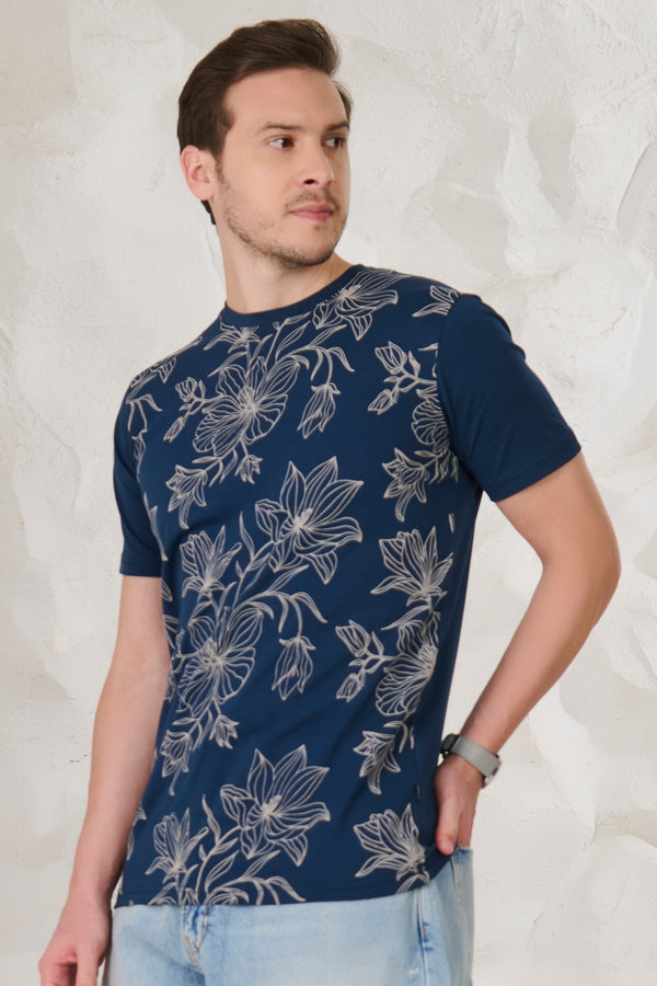 Dahlia Doodle Stretch T-Shirt - Teal