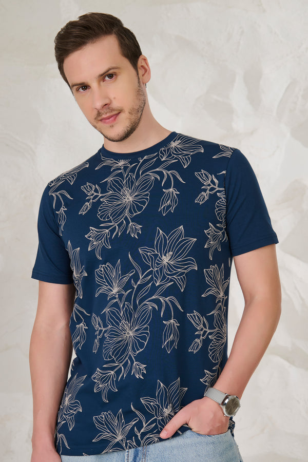 Dahlia Doodle Stretch T-Shirt - Teal