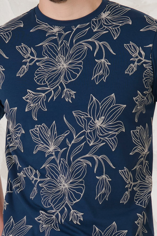 Dahlia Doodle Stretch T-Shirt - Teal