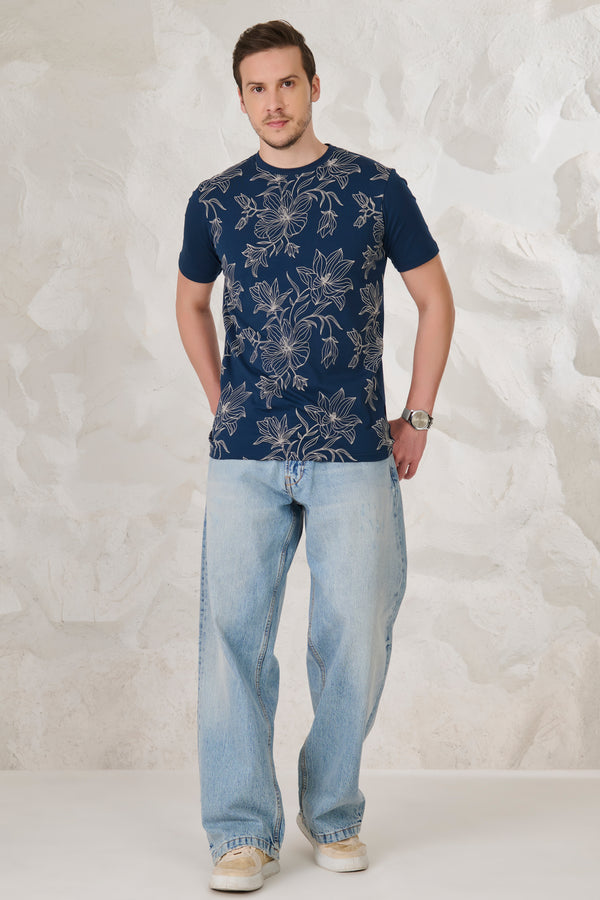 Dahlia Doodle Stretch T-Shirt - Teal