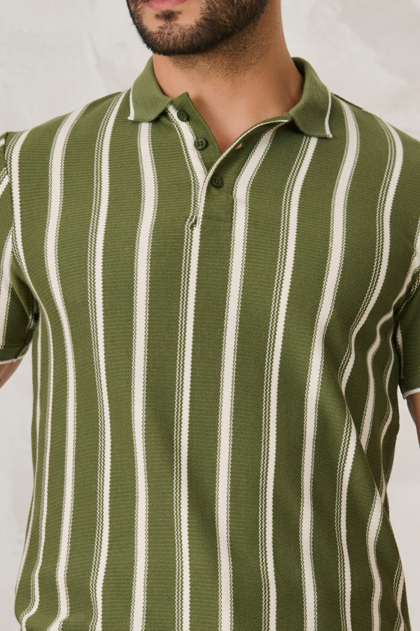 Broad Stripe Textured Polo - Green