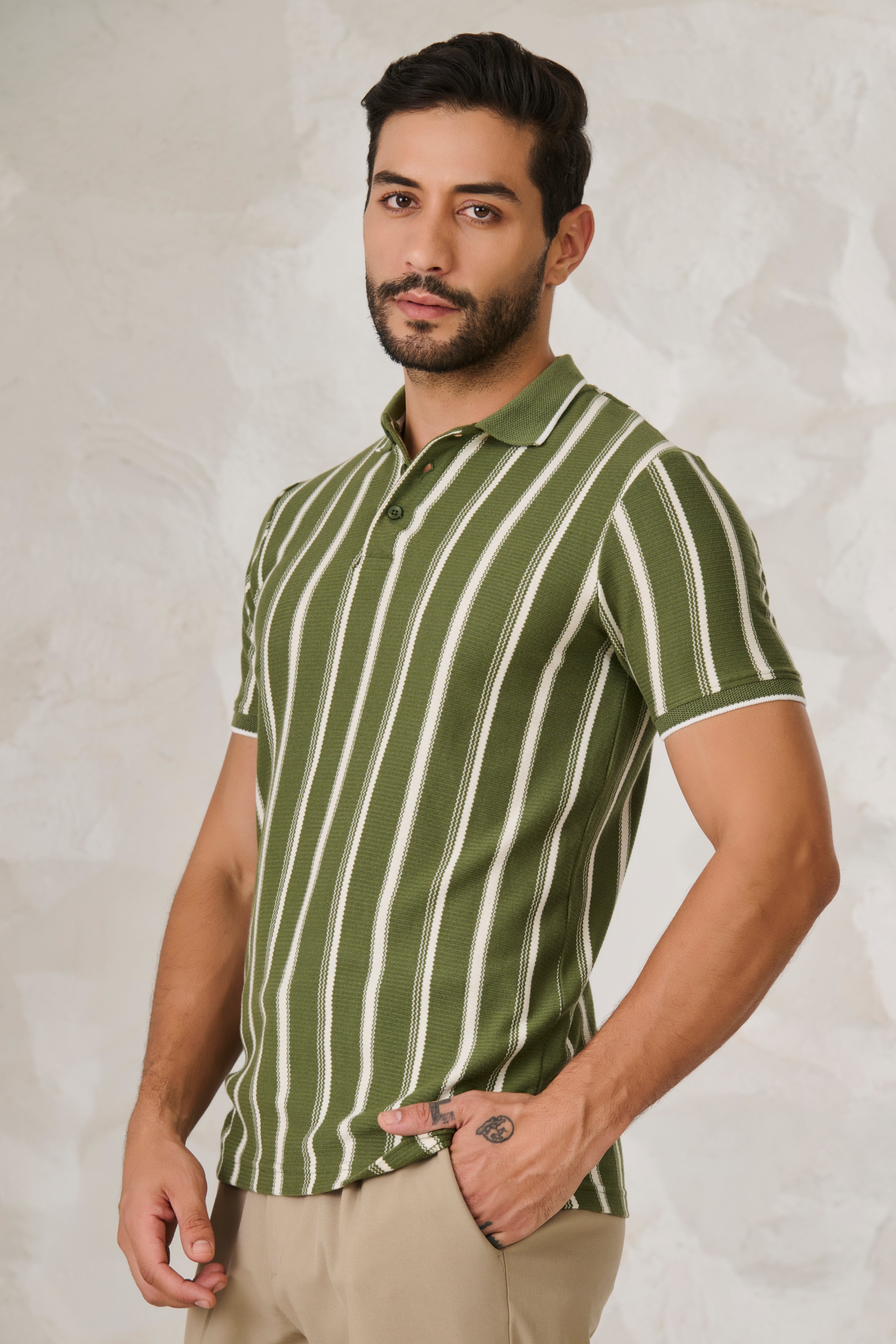 Buy Broad Stripe Textured Polo - Green Online Shopping view 2