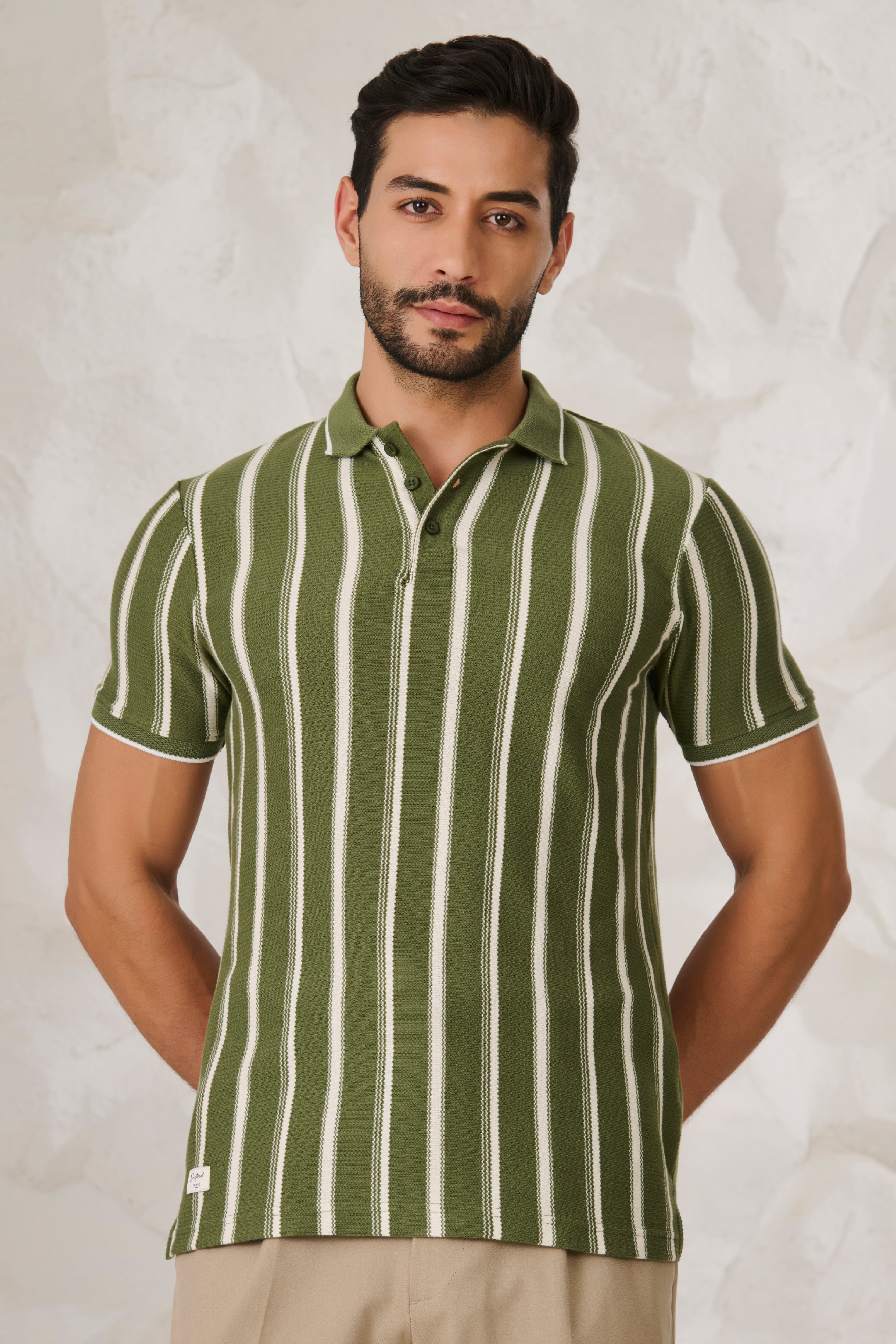 Buy Broad Stripe Textured Polo - Green Online Shopping view 1