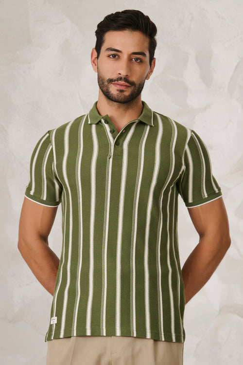 Broad Stripe Textured Polo - Green