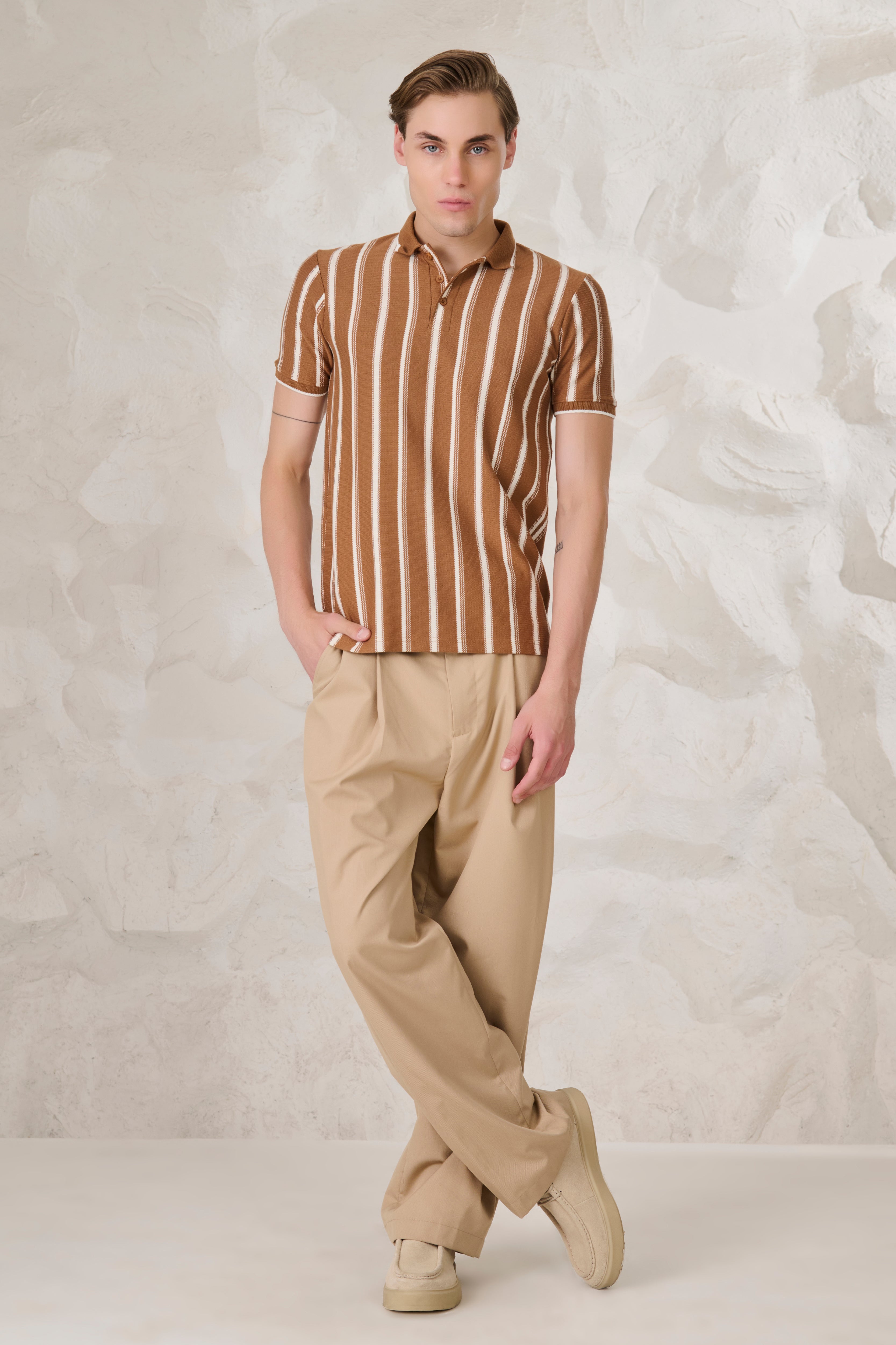 Buy Broad Stripe Textured Polo - Mud Online Shopping view 5