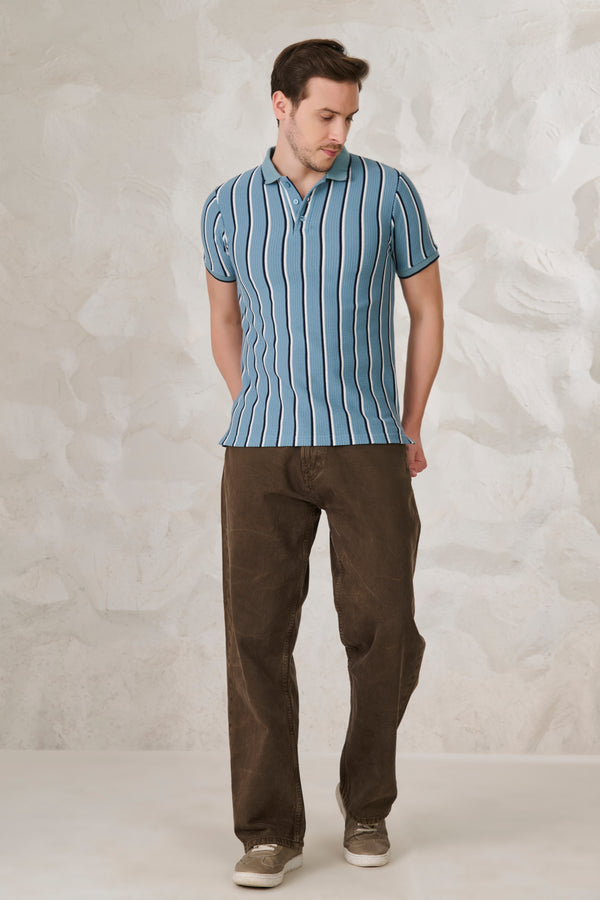 Broad Twin Stripe Textured Polo - Blue
