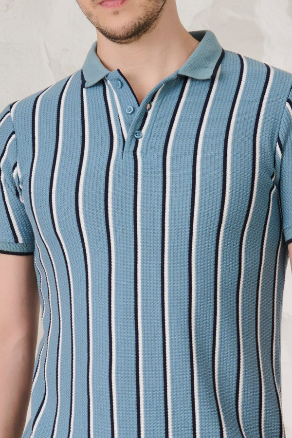 Broad Twin Stripe Textured Polo - Blue