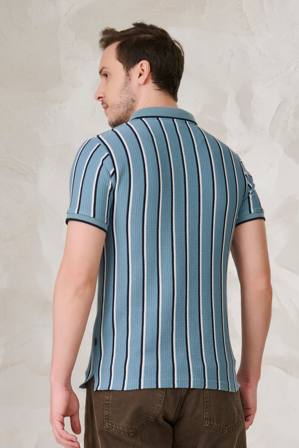 Broad Twin Stripe Textured Polo - Blue