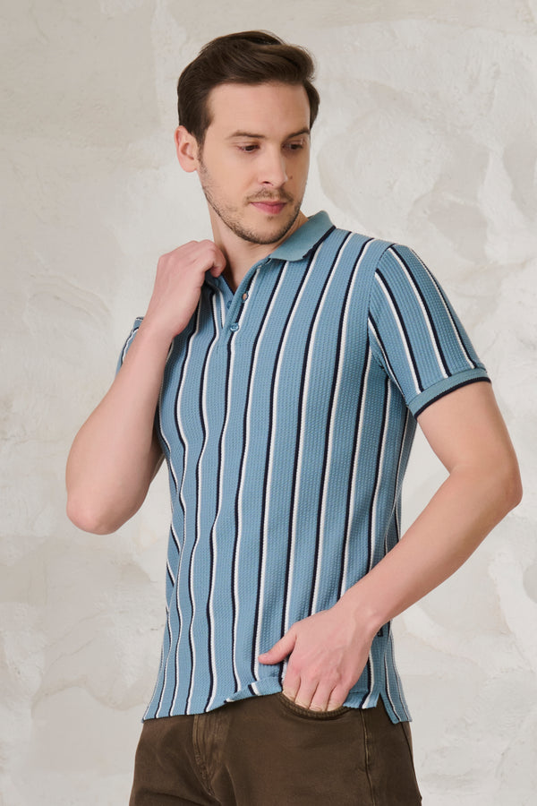 Broad Twin Stripe Textured Polo - Blue