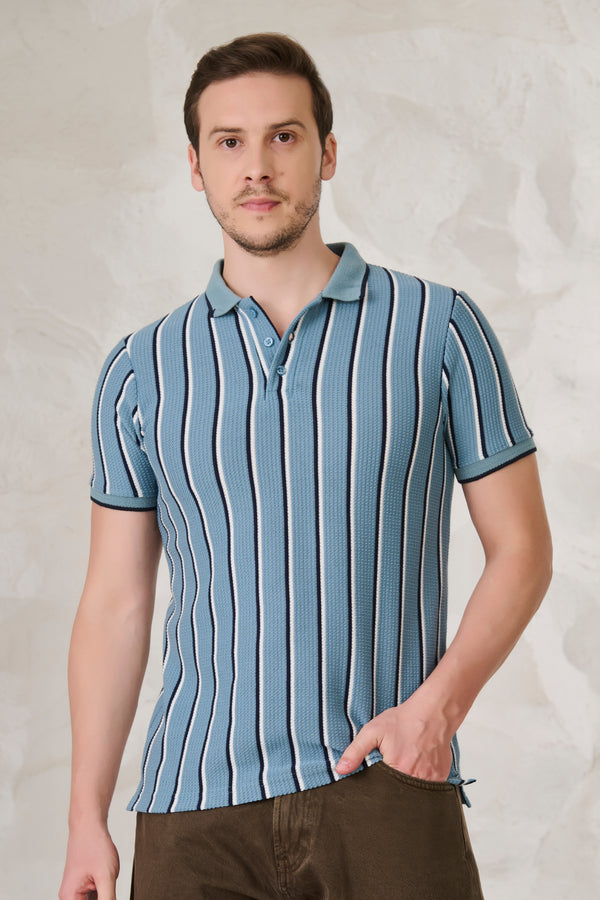Broad Twin Stripe Textured Polo - Blue