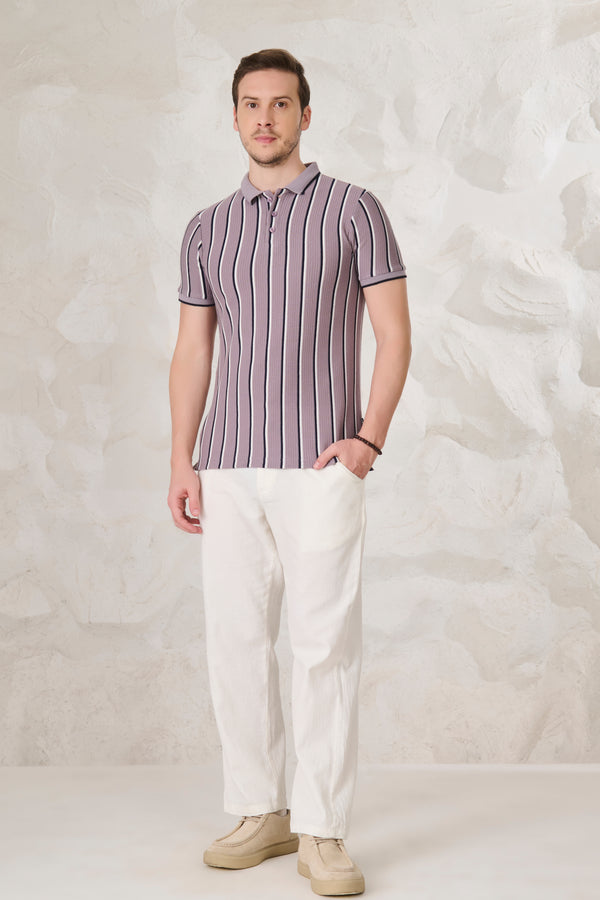 Broad Twin Stripe Textured Polo - Purple