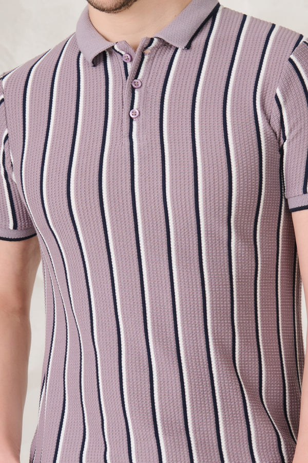 Broad Twin Stripe Textured Polo - Purple