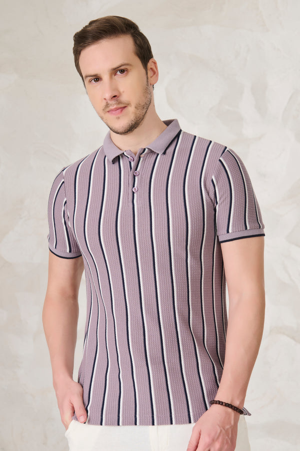 Broad Twin Stripe Textured Polo - Purple