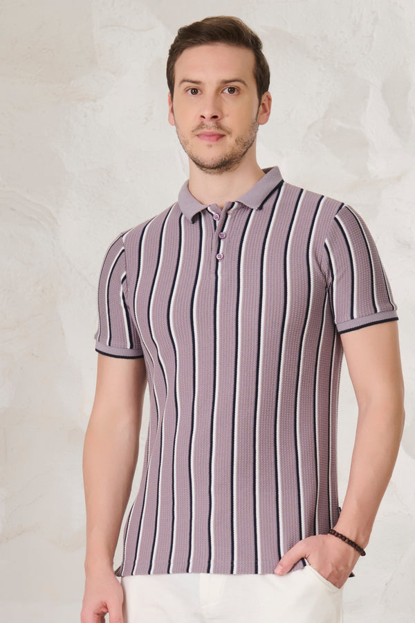 Broad Twin Stripe Textured Polo - Purple